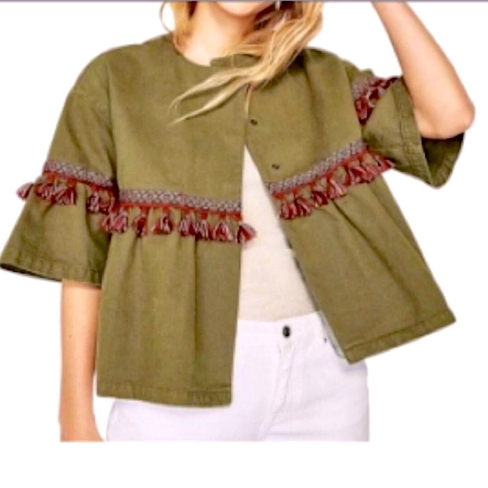✨Host Pic✨ Zara cropped jkt embroidered, ribbon & tassels pleated sleeves size S